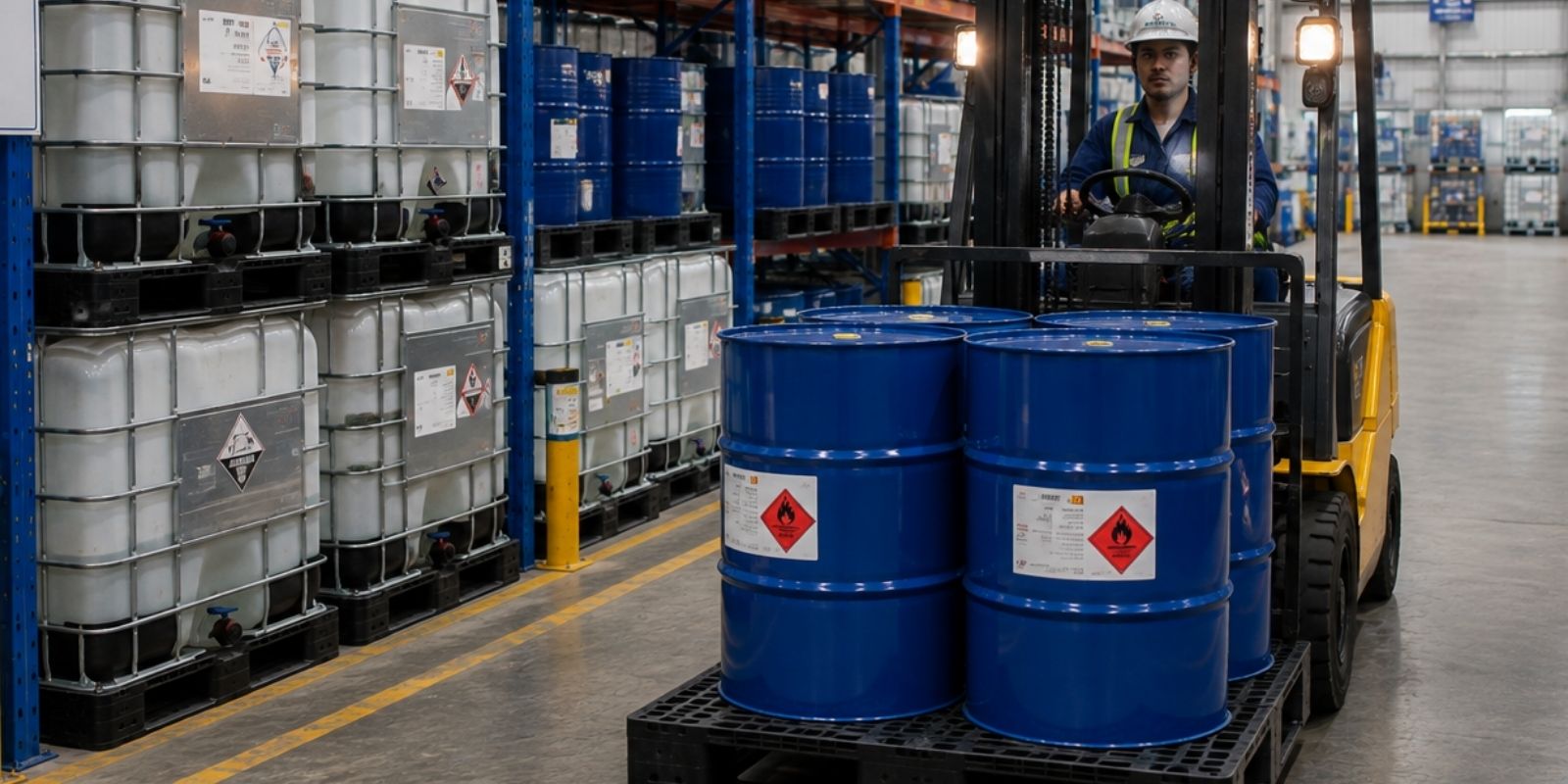 Stacks of LOCO Pallet plastic pallets in a warehouse area
